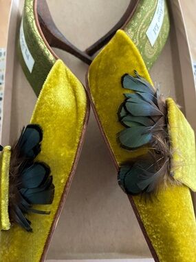 Velvet Feather-Accent Women’s Slip-On Flats in Olive Yellow